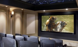 This remarkable private home theater provides an authentic cinema at-home experience with an entire wall of HD screen, programmable accent lighting throughout the ceiling and walls, and acoustic panels that create a truly blockbuster sound.